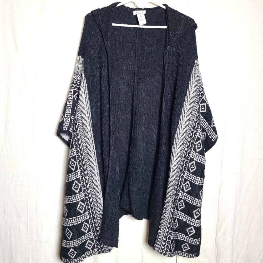 Garage Hood Cape Poncho Sweater Black White Geometric Wool Blend